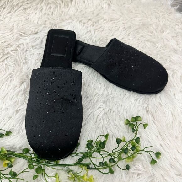 Alima Italy Flat Slip On Mules Slide Black Studded Sparkly Satin size 6 NEW - Picture 1 of 9